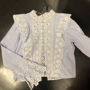 SEA long sleeve laser cut blue and white top
